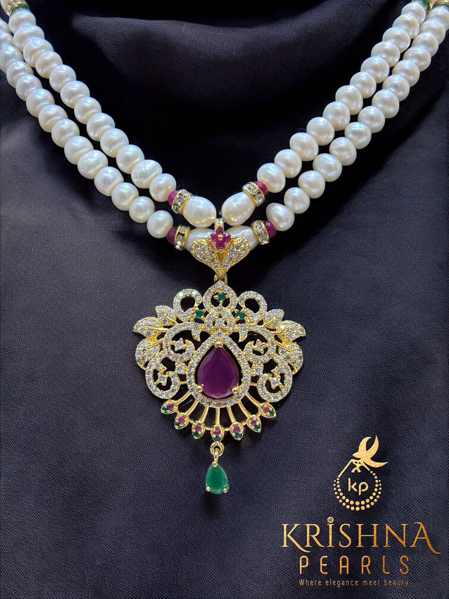 Aura Ruby & Emerald Floral Pearl Necklace Set