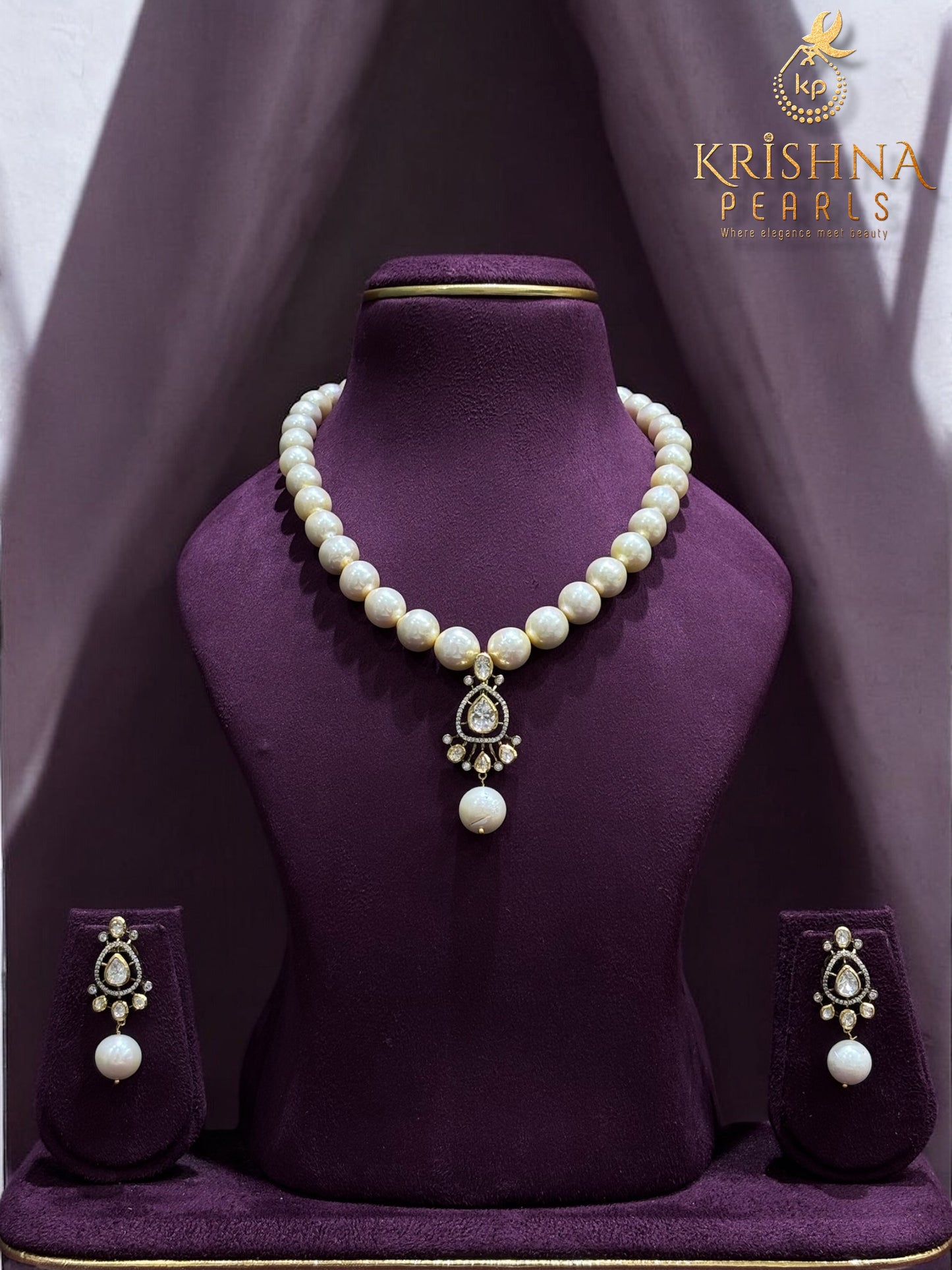 92.5 Silver & Moissanite With South Sea Pearls Necklace Set