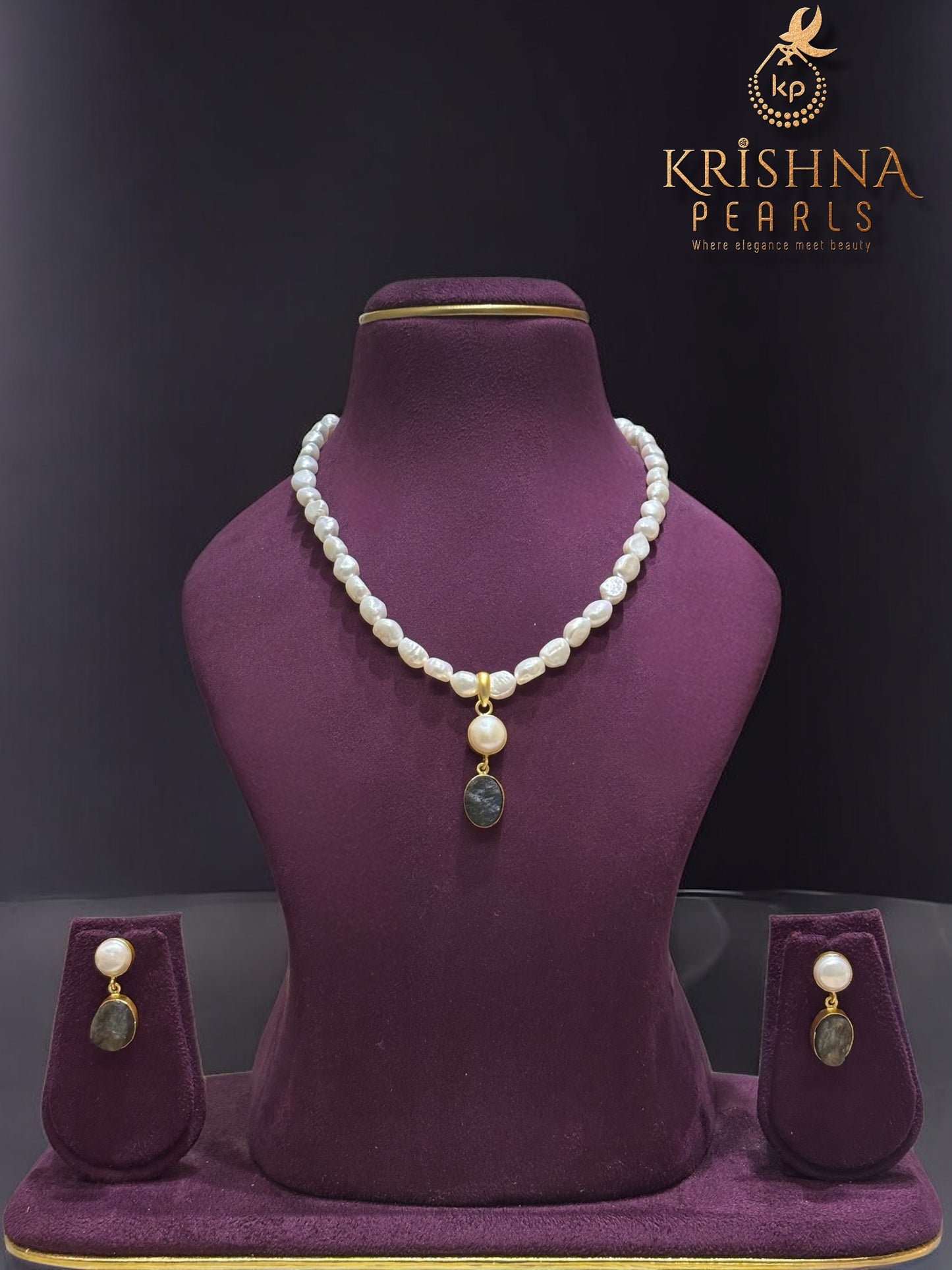Labradorite Pendant with  Baroque Pearls Necklace Set