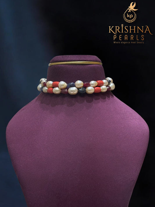 Luxurious Ruby Blue Sapphire Coral & South Sea Pearls Choker