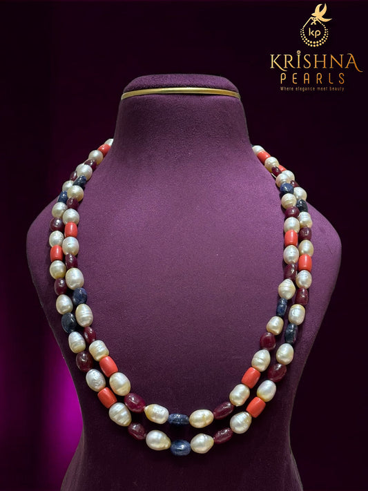 Luxurious Ruby Blue Sapphire Coral & South Sea Pearls Necklace