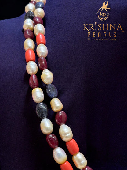 Luxurious Ruby Blue Sapphire Coral & South Sea Pearls Necklace