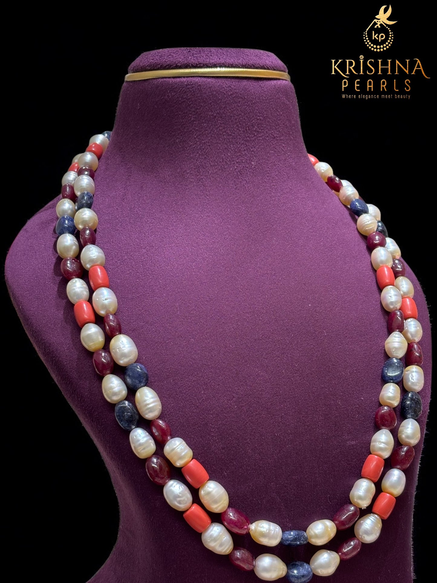 Luxurious Ruby Blue Sapphire Coral & South Sea Pearls Necklace