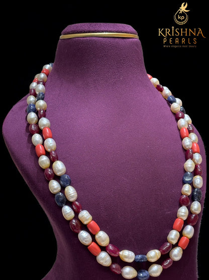 Luxurious Ruby Blue Sapphire Coral & South Sea Pearls Necklace