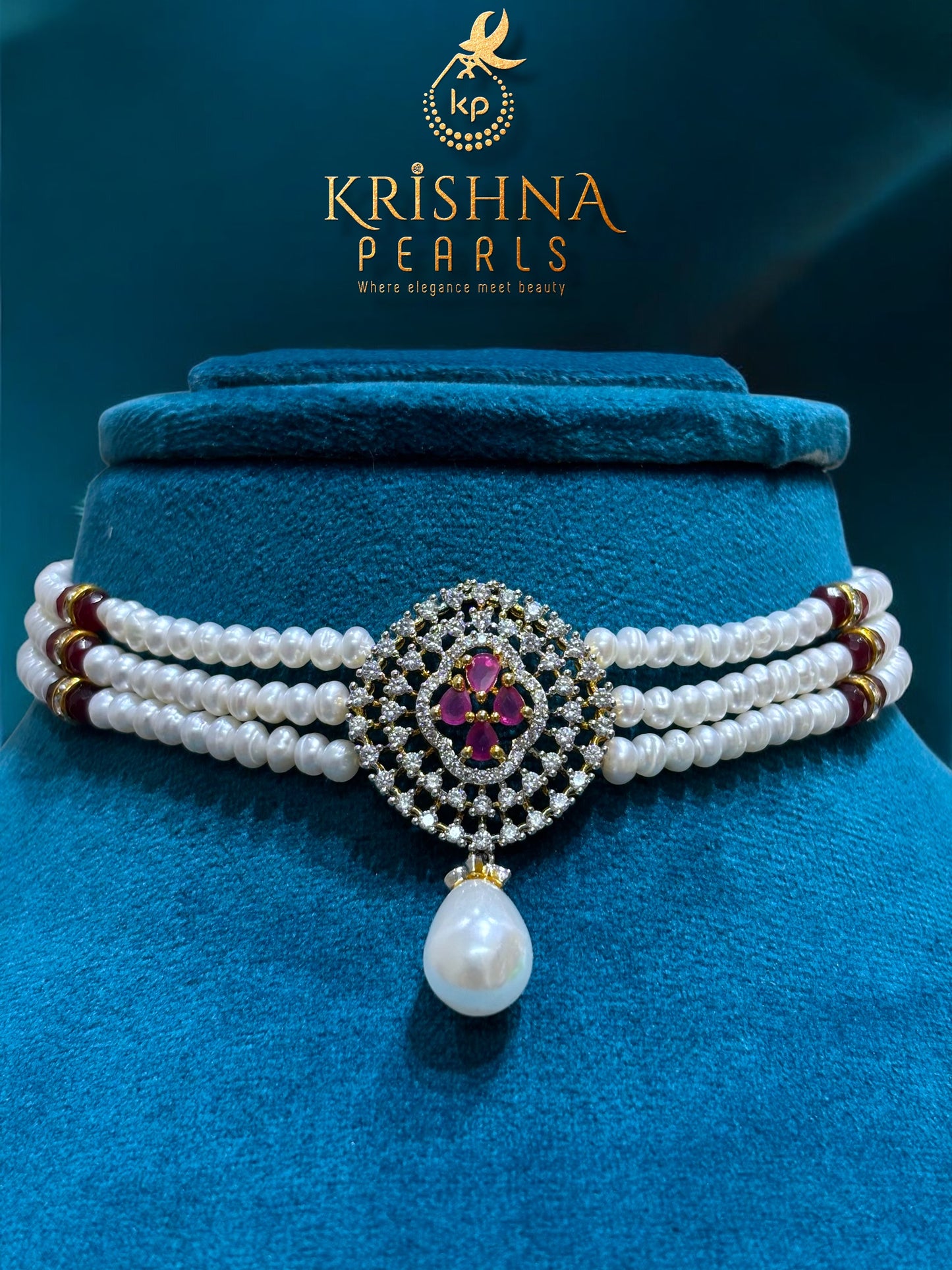 Adorable Ruby Studded Pendent With Three Line Pearl Choker set