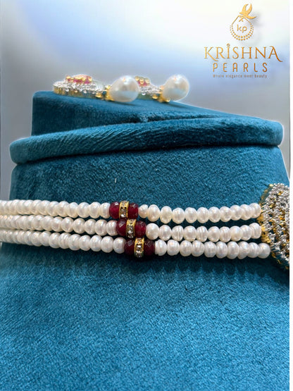 Adorable Ruby Studded Pendent With Three Line Pearl Choker set