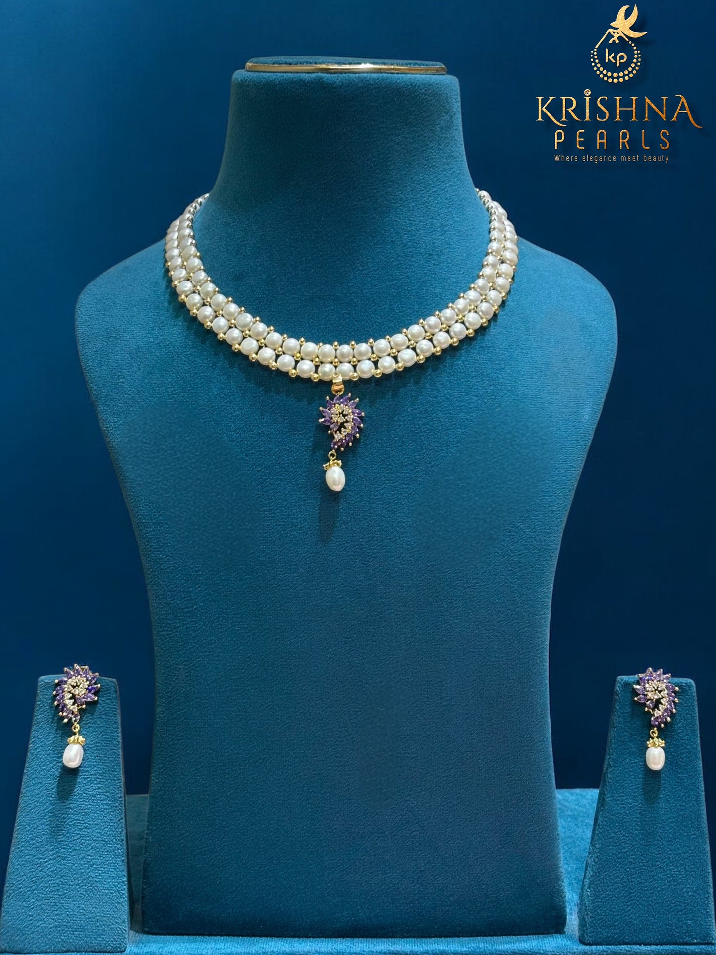 Amethyst Aura Double Layer Button Pearls Necklace Set