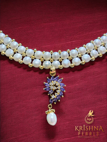 Amethyst Aura Double Layer Button Pearls Necklace Set