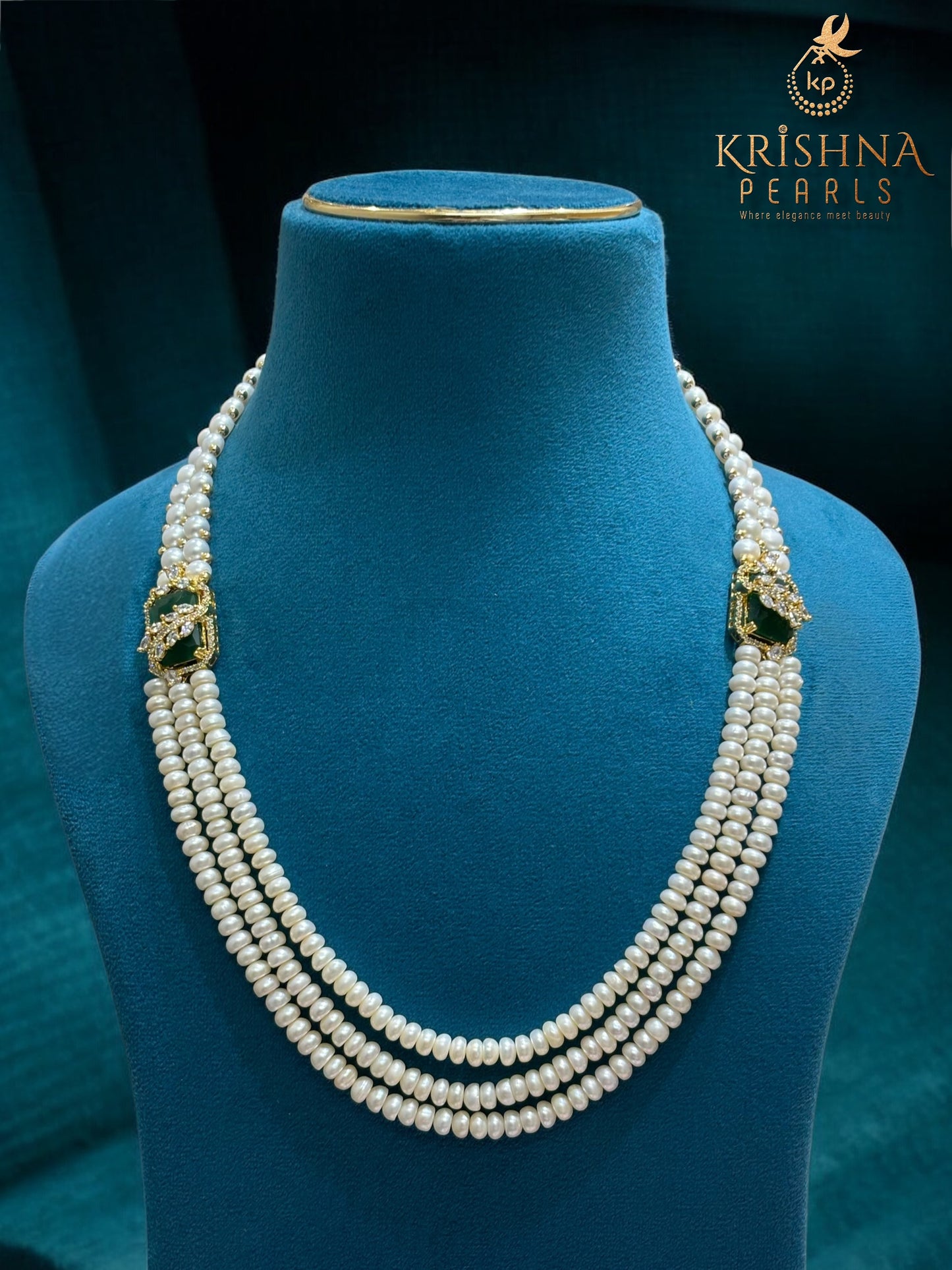 Designer Emerald & Zircon Studded Pearls Necklace Set