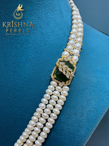 Designer Emerald & Zircon Studded Pearls Necklace Set