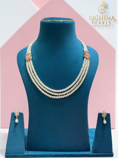 Designer Rose Quartz Two Side Broch Pearls Necklace Set