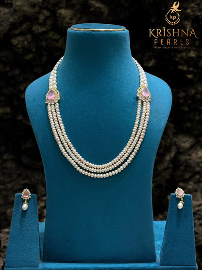 Rose Quartz Broch With Pearl Necklace Set