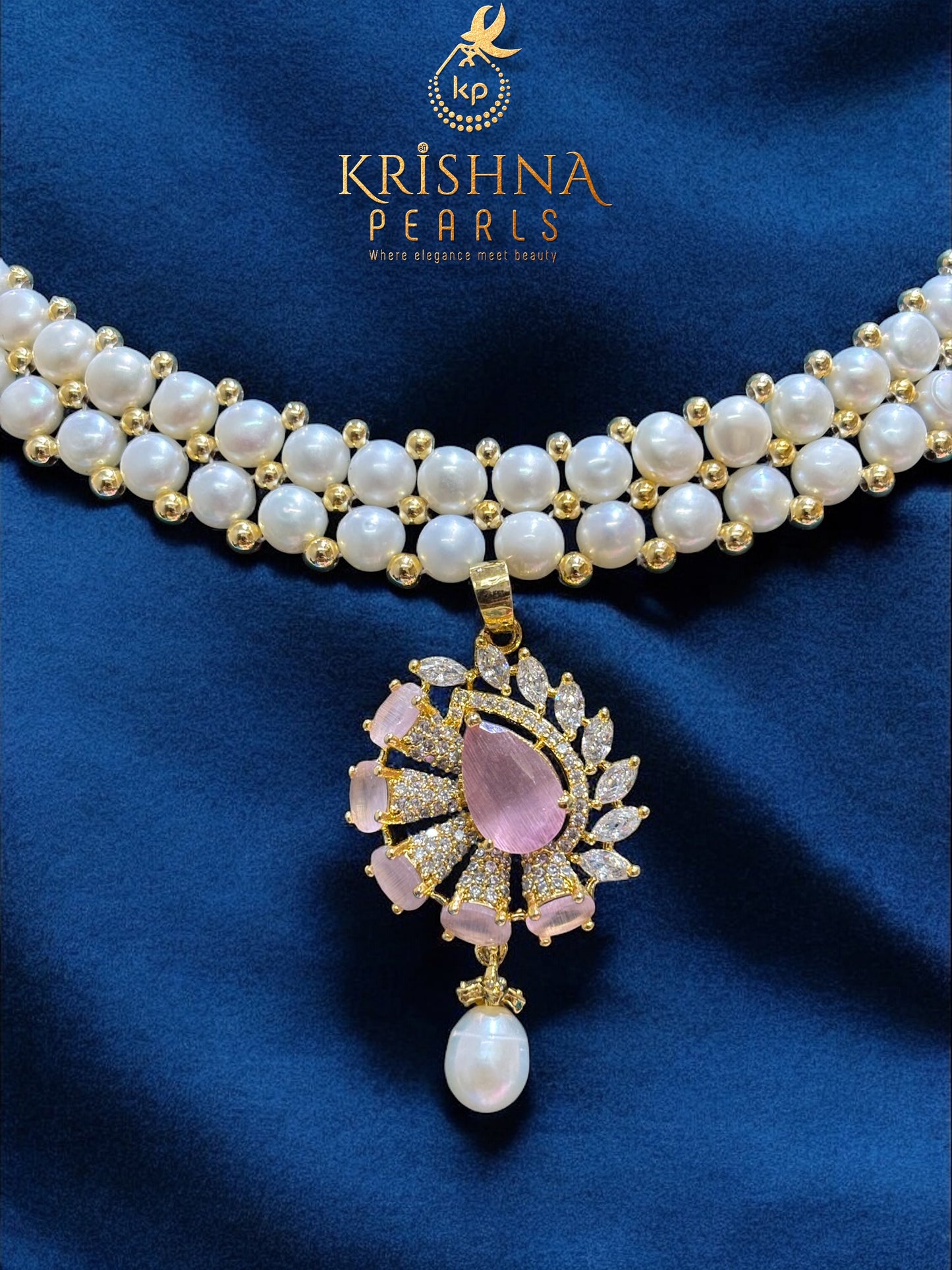 Rose Quartz Aura Double Layer Button Pearls Necklace Set