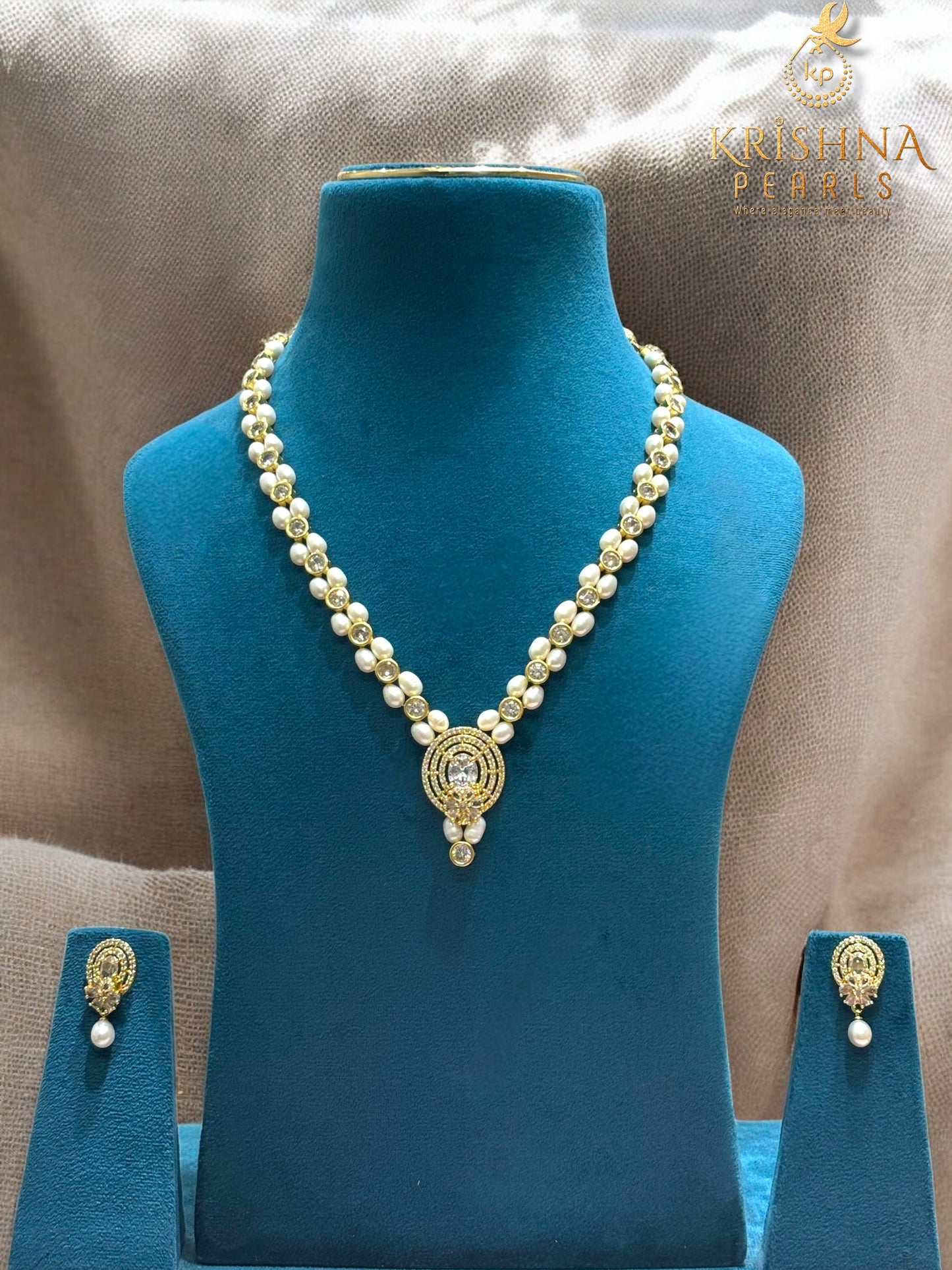 Adorable Zircon Studded Pearls Necklace Set