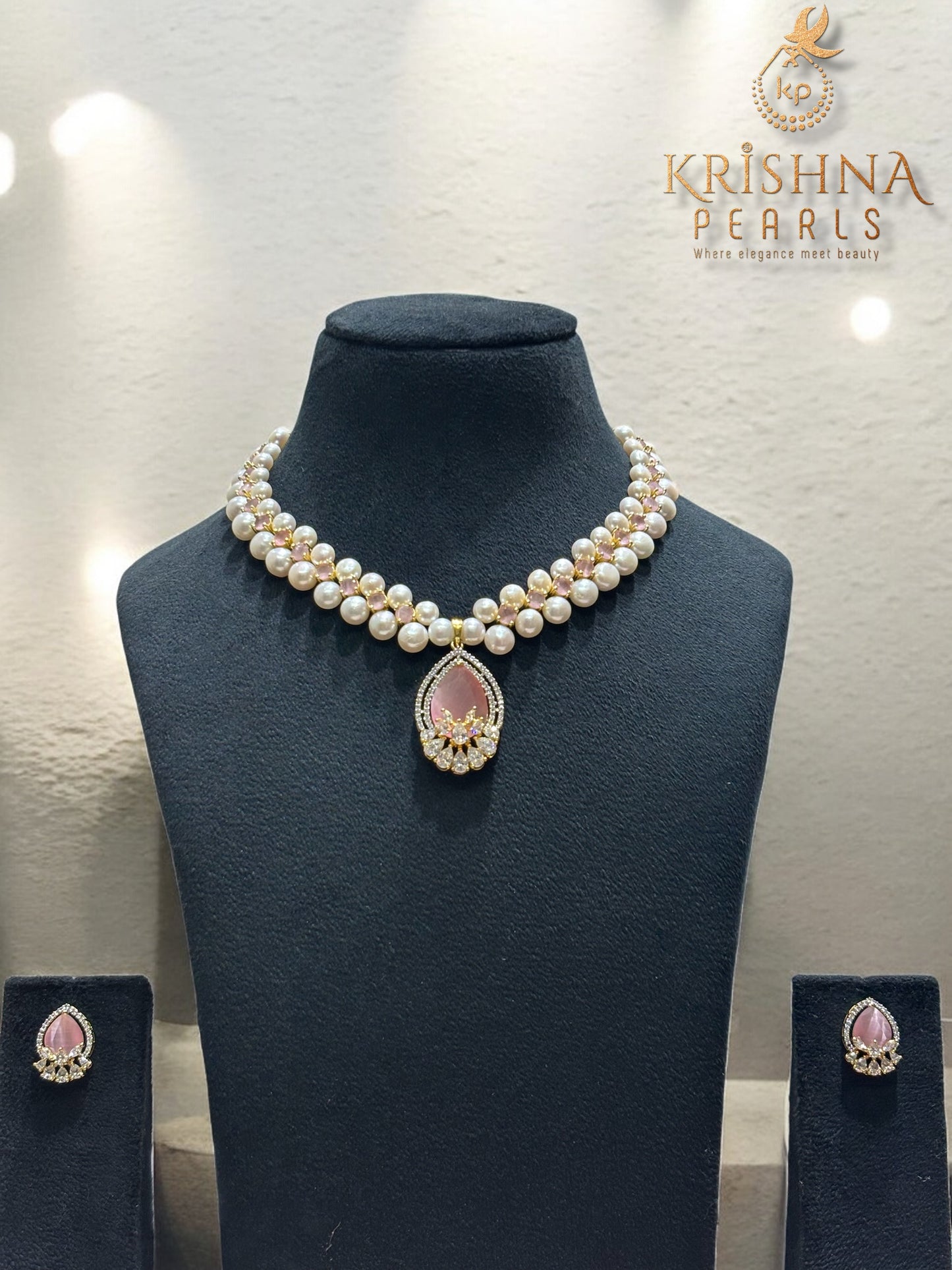 Pink Aura Twin-Row Button Pearls Necklace Set