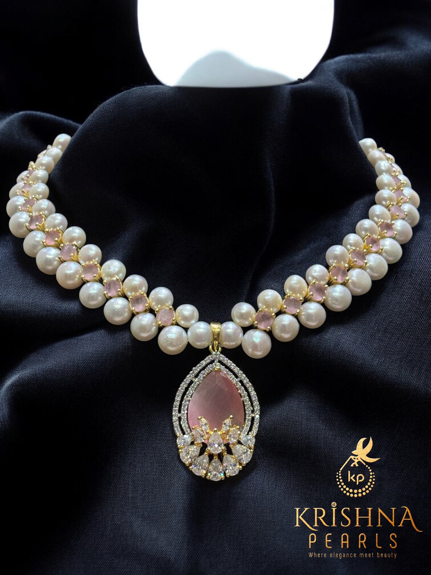 Pink Aura Twin-Row Button Pearls Necklace Set