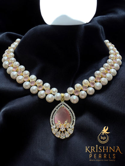 Pink Aura Twin-Row Button Pearls Necklace Set