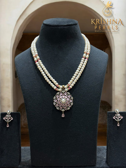 Adorable Oxidised Rose Quartz Pendent With Pearls Necklace