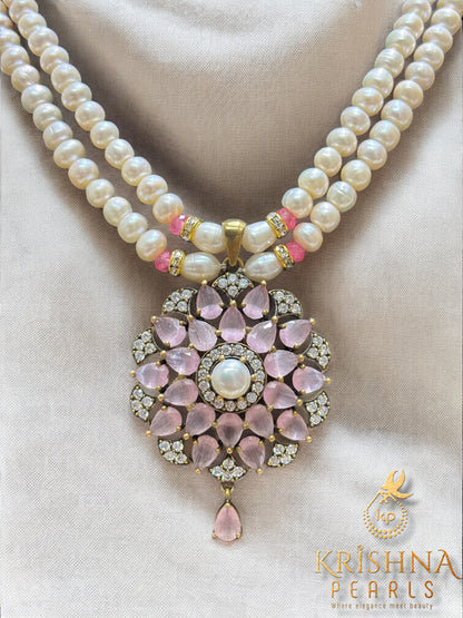 Adorable Oxidised Rose Quartz Pendent With Pearls Necklace
