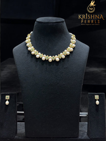 Mint Green Blossom Button Pearls Necklace Set