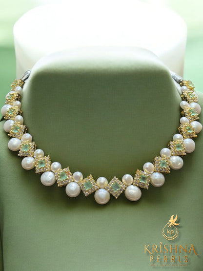 Mint Green Blossom Button Pearls Necklace Set