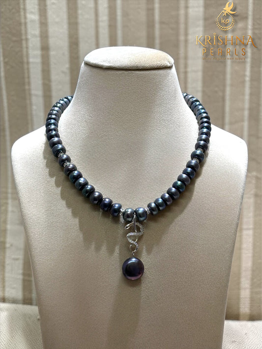 92.5 Silver Dark Pearl Serpent Pendant Necklace