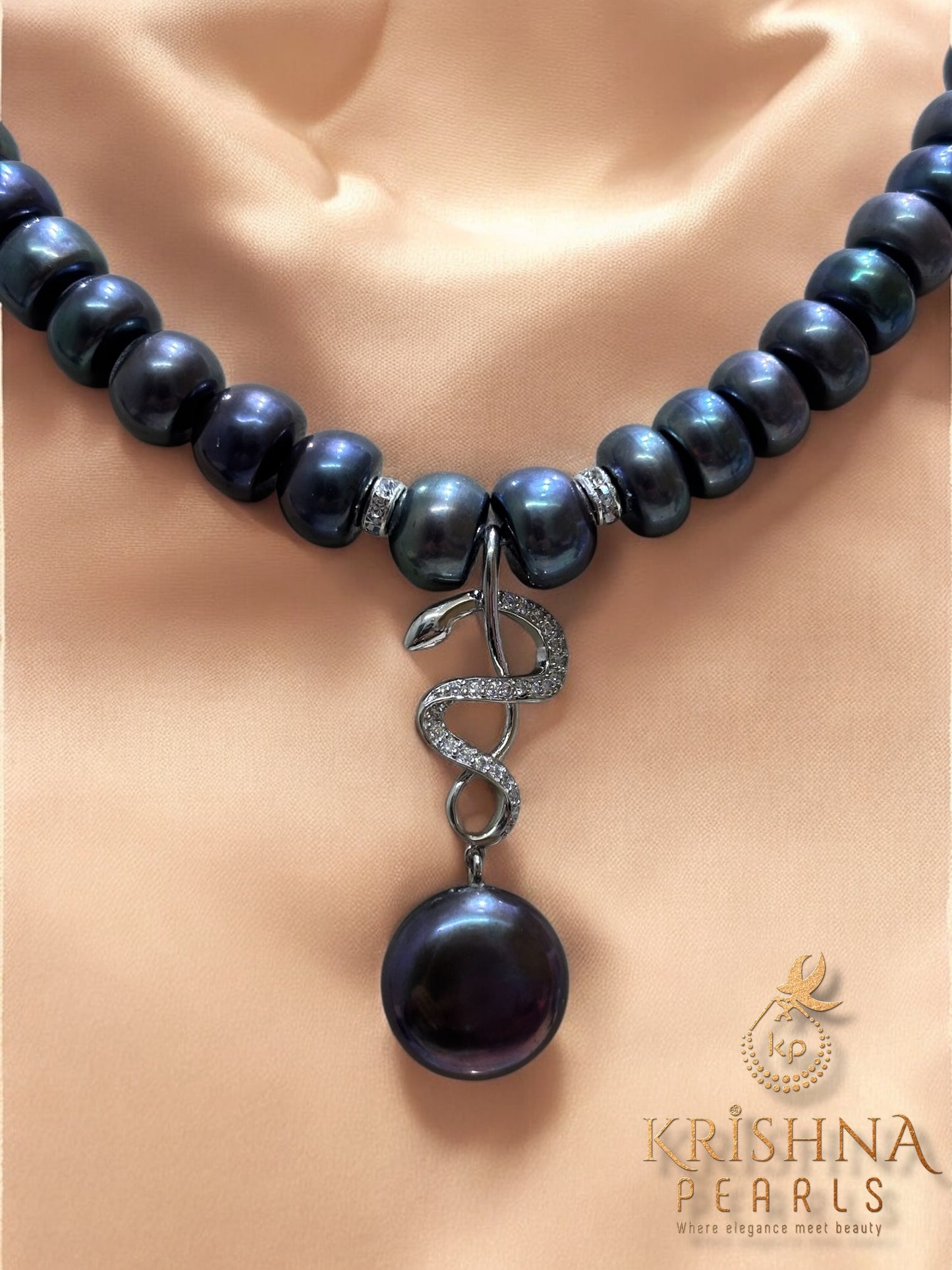 92.5 Silver Dark Pearl Serpent Pendant Necklace