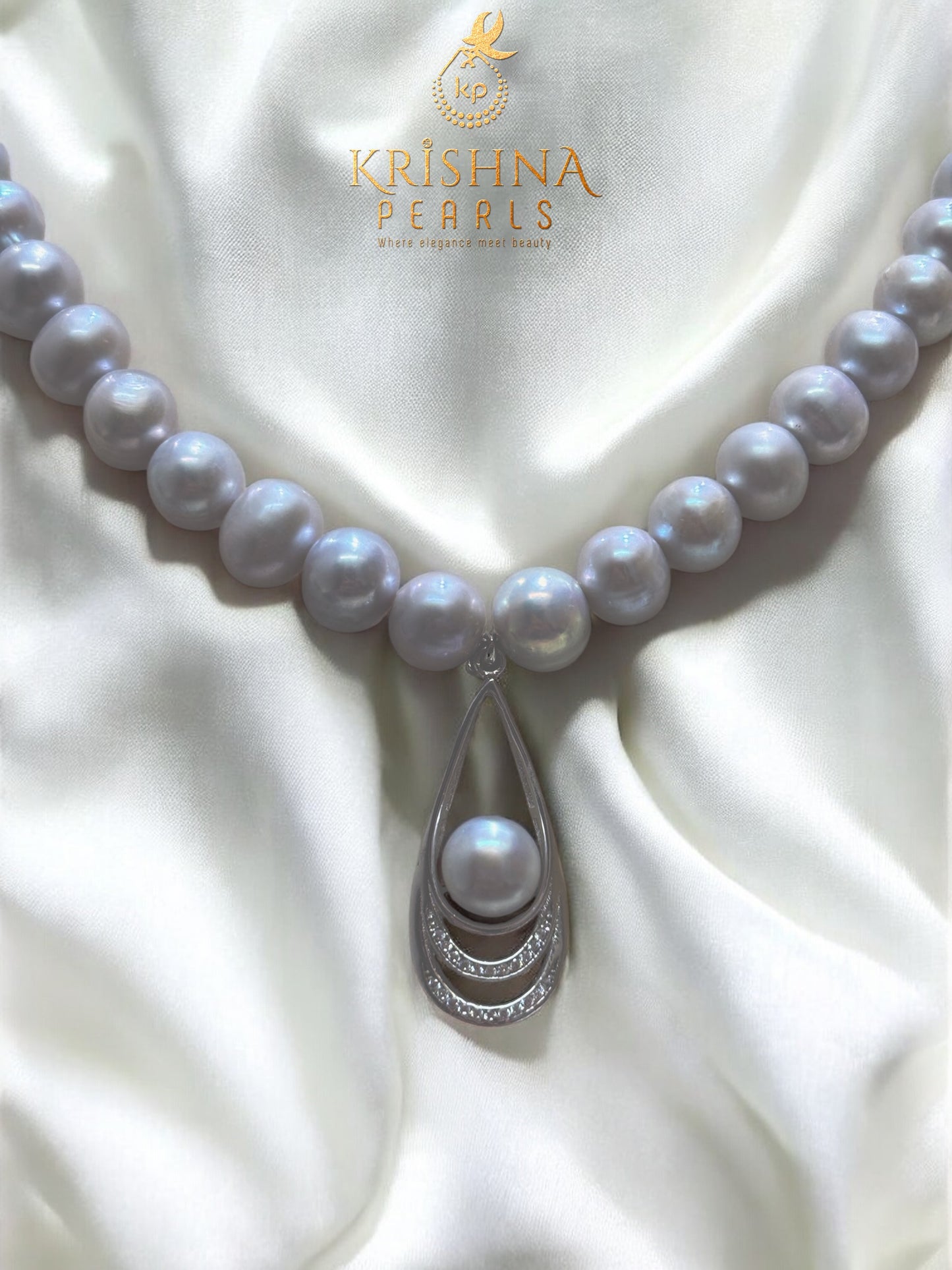 92.5 Silver Lunar Teardrop Grey Pearls Necklace