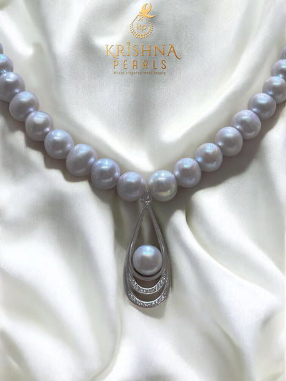 92.5 Silver Lunar Teardrop Grey Pearls Necklace