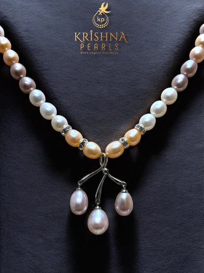 92.5 Silver Celestia Trio Pendant MultiColour Pearls Necklace