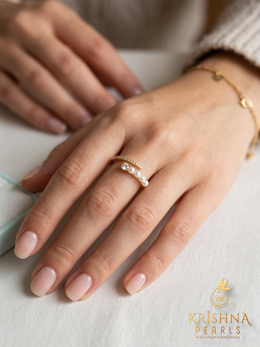 Classy Pearls & Zircon Studded Adjustable Finger Ring