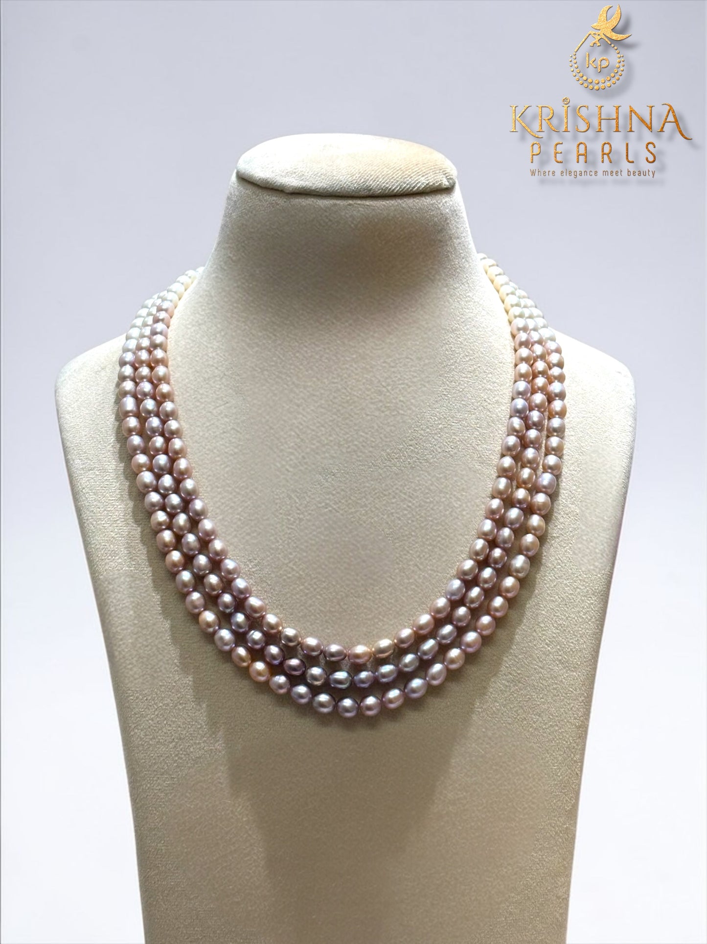 Pretty MultiColour Three Strand Oval Pearls Necklace Set