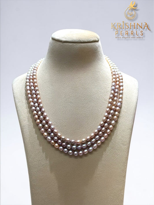 Pretty MultiColour Three Strand Oval Pearls Necklace Set