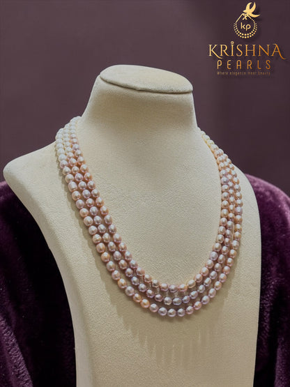 Pretty MultiColour Three Strand Oval Pearls Necklace Set