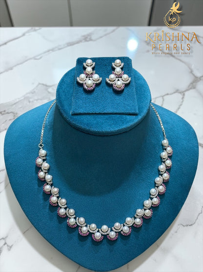 Adorable Button Pearls Red & White Stones Studded Necklace Set