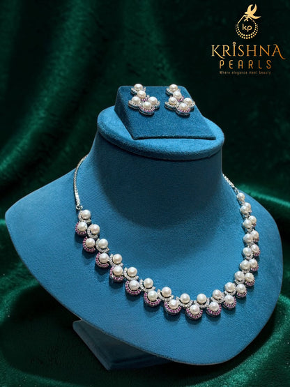 Adorable Button Pearls Red & White Stones Studded Necklace Set