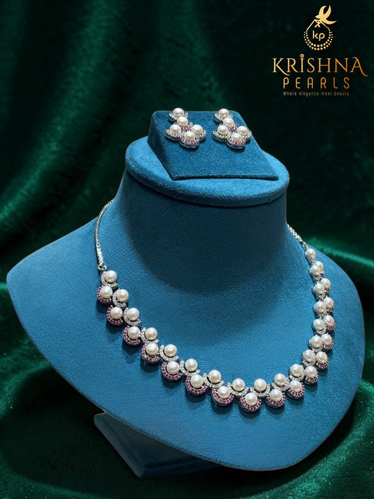 Adorable Button Pearls Red & White Stones Studded Necklace Set