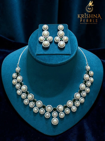Exquisite Luxurious Emerald & Pearl Necklace Set | Authentic Hyderabadi Pearls by Sri Krishna Pearls