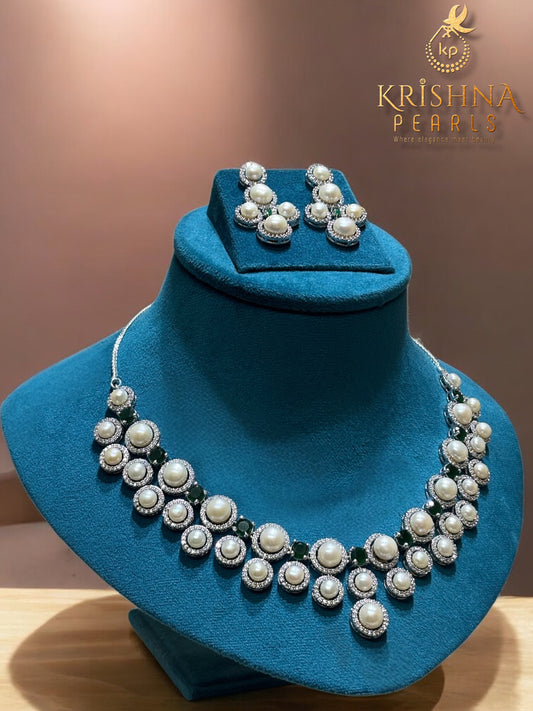 Exquisite Luxurious Emerald & Pearl Necklace Set | Authentic Hyderabadi Pearls by Sri Krishna Pearls