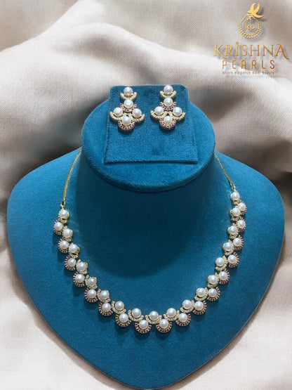 Adorable Button Pearls Red & White Stones Studded Necklace Set