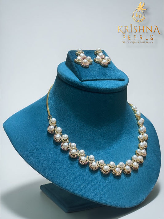 Adorable Button Pearls Red & White Stones Studded Necklace Set