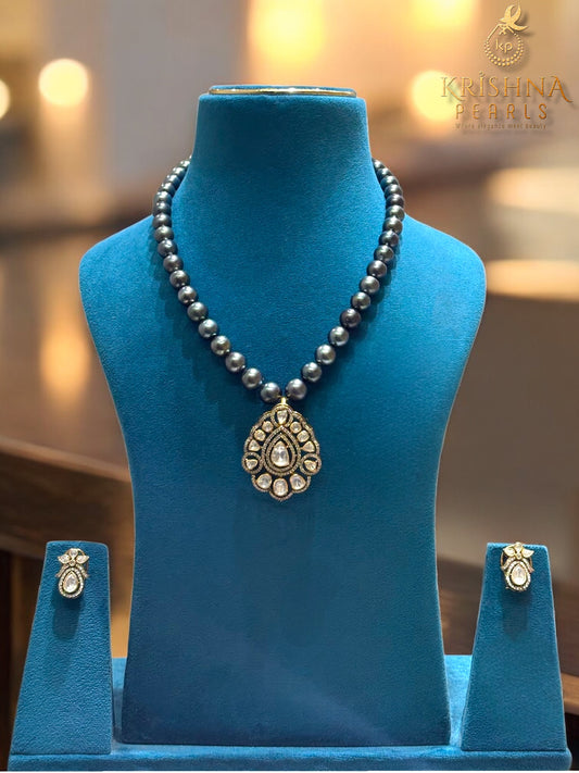 92.5 Silver Moissanite Studded With Tahitian South Sea Pearls Necklace Set