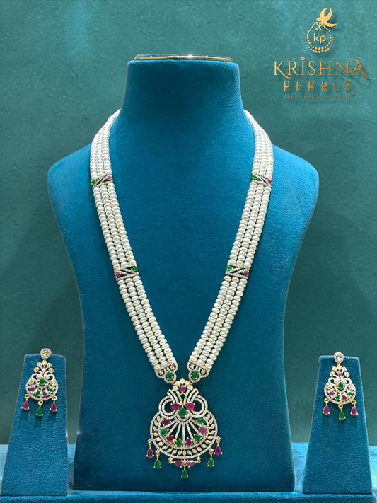 Traditional Ruby & Emerald Three Row Pearls Rani Haar Set