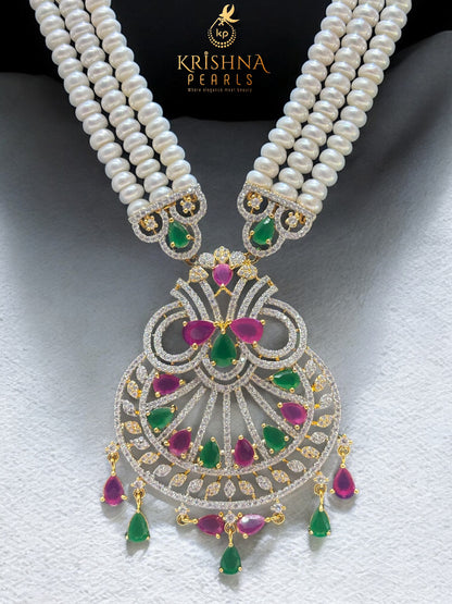 Traditional Ruby & Emerald Three Row Pearls Rani Haar Set