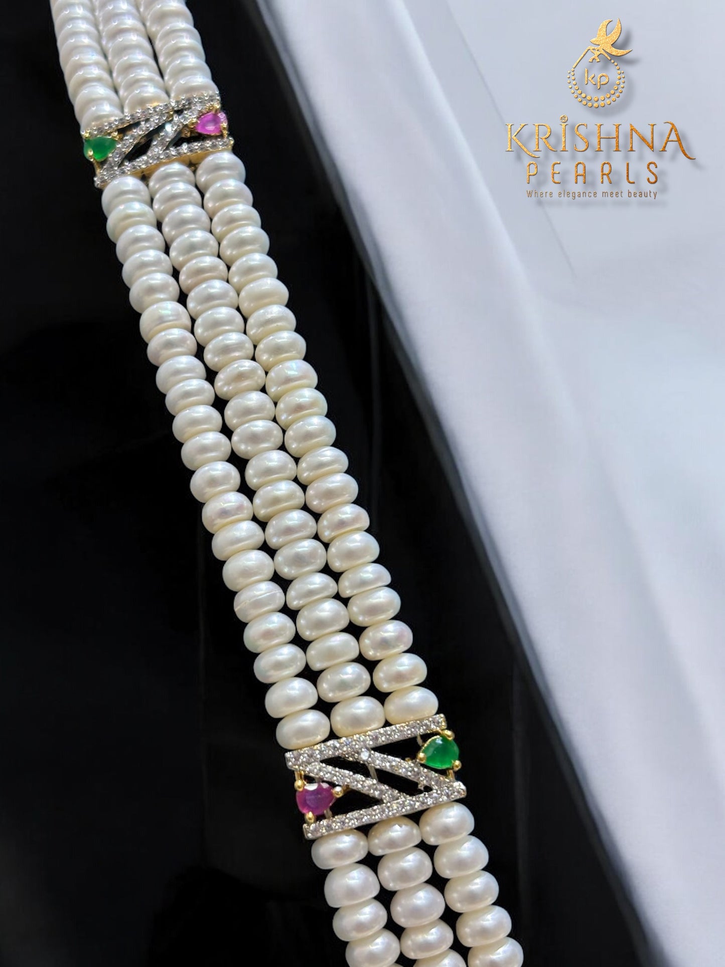 Traditional Ruby & Emerald Three Row Pearls Rani Haar Set