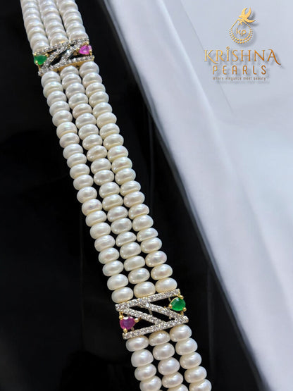 Traditional Ruby & Emerald Three Row Pearls Rani Haar Set