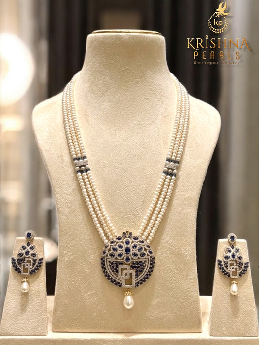 Adorable Sapphire Empress Three Strand Pearls Rani Haar Set
