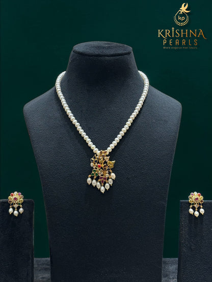 Rajwada Navratna-Style 92.5 Silver Pearls Necklace Set