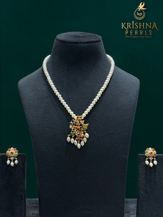 Rajwada Navratna-Style 92.5 Silver Pearls Necklace Set