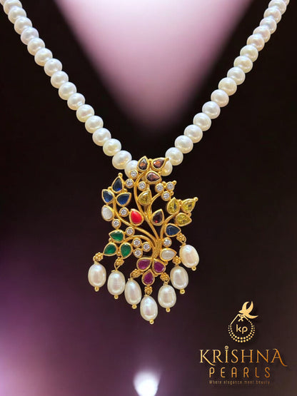 Rajwada Navratna-Style 92.5 Silver Pearls Necklace Set